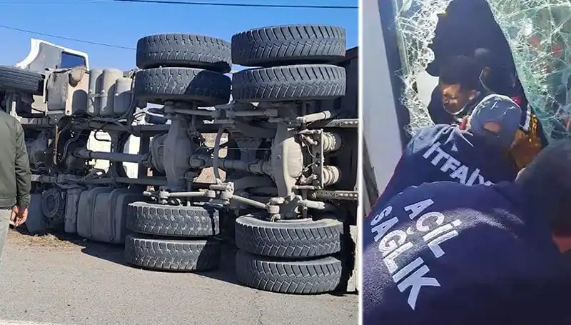 Virajı Alamayan Kamyon Feci Kaza Sonucu Yan Yattı